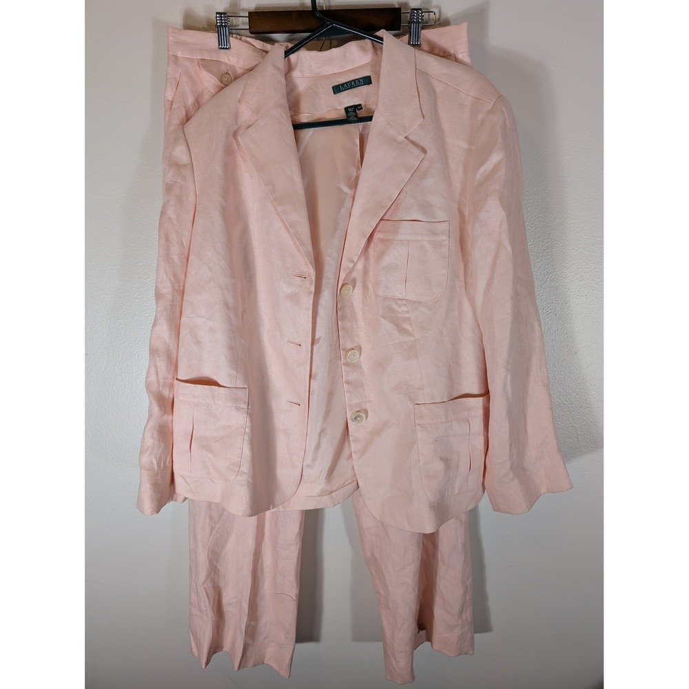 Lauren Ralph Lauren 20W Pink 100% Linen 2 Piece Pant Suit Blazer Trousers M